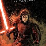 Kylo Ren wields his red lightsaber in the rain, with intense fury in the Rise of Skywalker comic cover art.