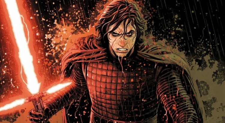 Kylo Ren wields his red lightsaber in the rain, with intense fury in the Rise of Skywalker comic cover art.