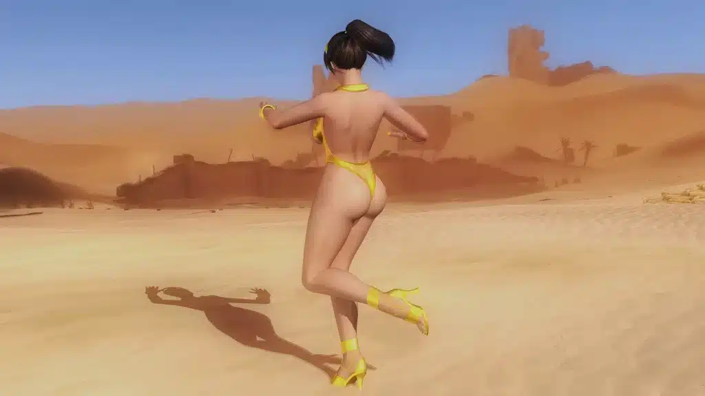 Hitomi striking a pose in the sands, enhanced by the Hitomi Nude Mod for Dead or Alive 5. This mod provides a new level of visual customization for players looking for a fresh experience.