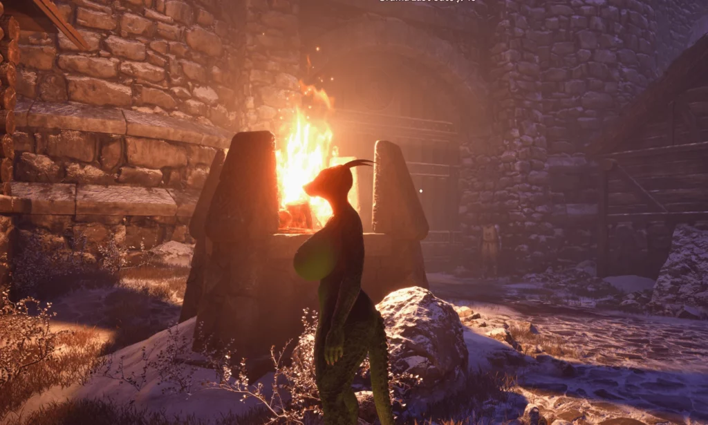 Argonian character in Oblivion Remastered with the Nude Bimbo Body Mod. This unique transformation brings stylized curves to even the beast races, blending fantasy and bold design in stunning detail.