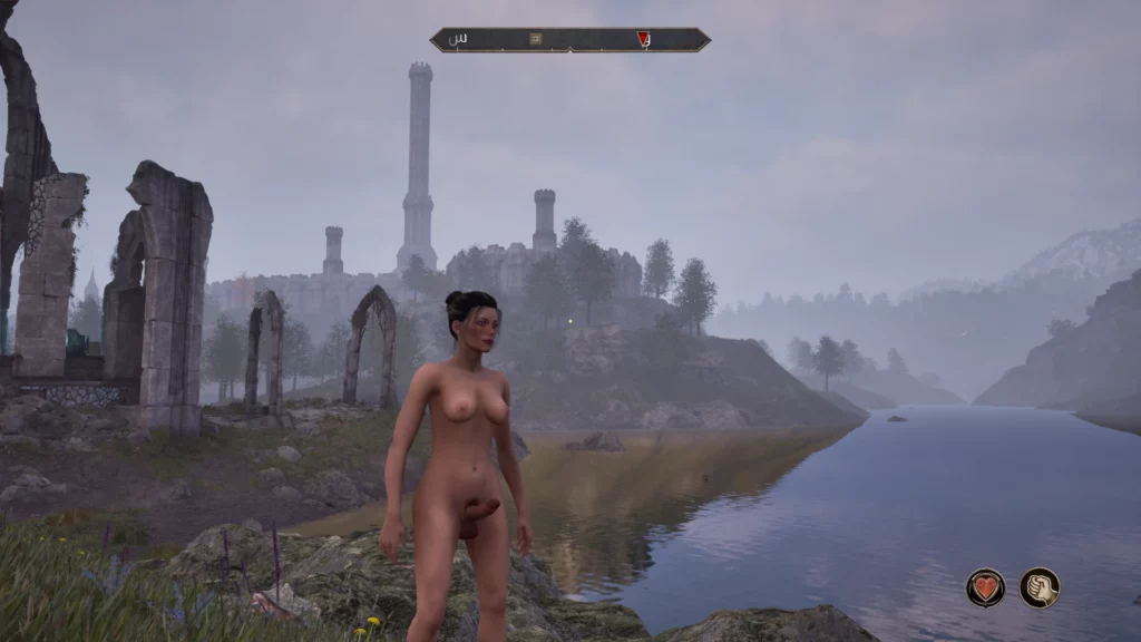 Inventory screen in Oblivion Remastered: Female Futa Mod, displaying various weapons and character details. The Arabic language layout provides an engaging, culturally unique experience in Tamriel.