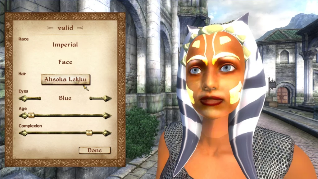 Character customization menu in Oblivion Remastered featuring the Ahsoka Tano mod. Options for the Ahsoka Lekku hairstyle are visible, allowing players to fully integrate her look into their Elder Scrolls experience.