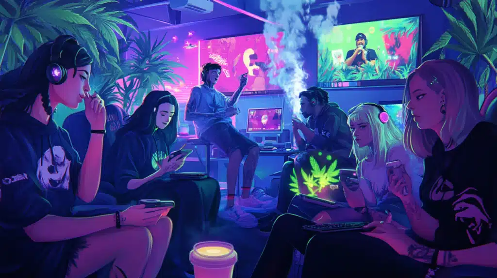 A vibrant online gaming community hub with players connected through voice chat, virtual avatars celebrating 4/20-themed events, and cannabis-themed game elements