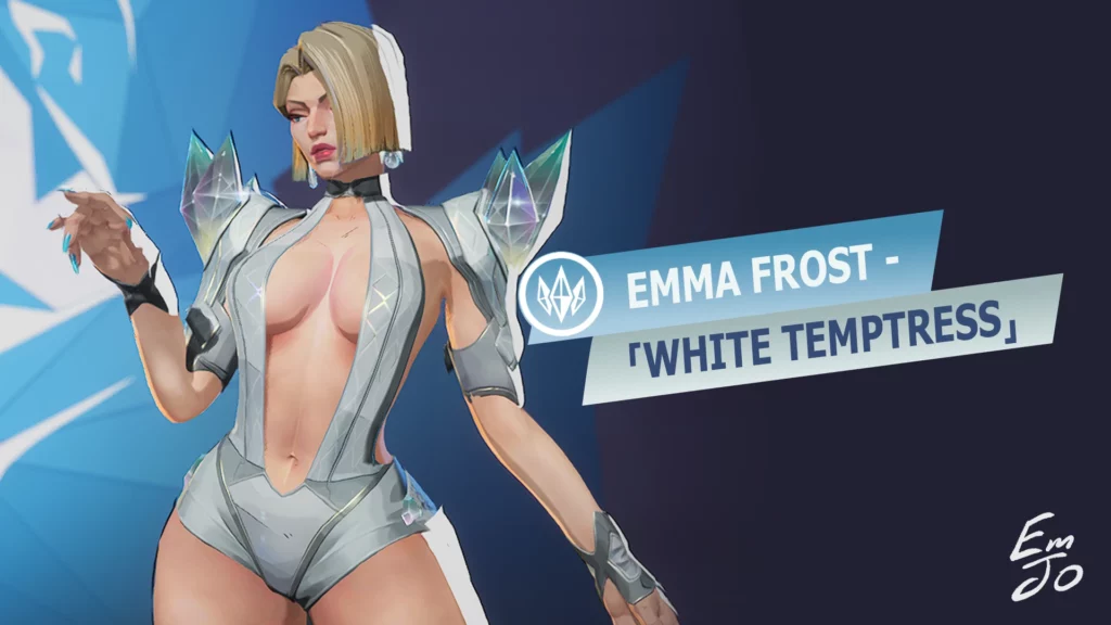 Close-up of Emma Frost in the White Queen Diamond Temptress mod for Marvel Rivals. Her diamond-encrusted armor and sleek design bring a regal and powerful presence to the battlefield.