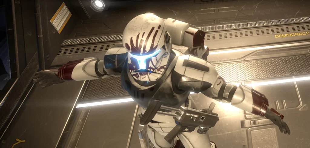 High-resolution image of Sev from Star Wars in Helldivers 2 mod, showcasing detailed armor textures and immersive battle environments