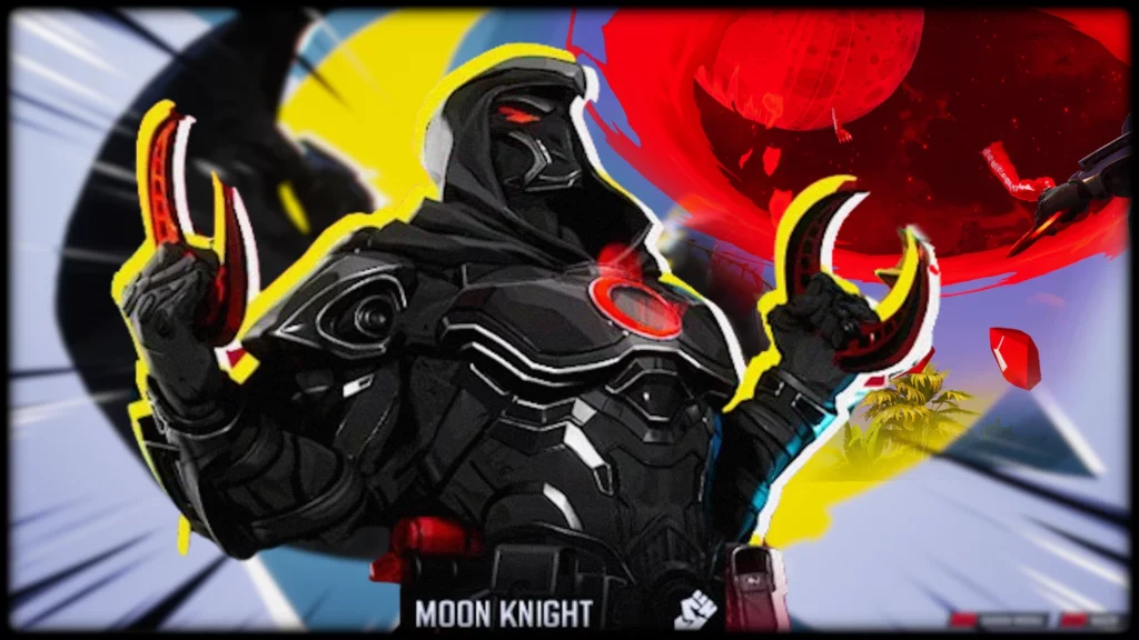  A bold comic-style depiction of Moonknight in his ghostly form, brandishing crescent blades with glowing red energy. The vibrant background adds a surreal touch to his dark, spectral armor, highlighting the Marvel Rivals mod's artistic design.