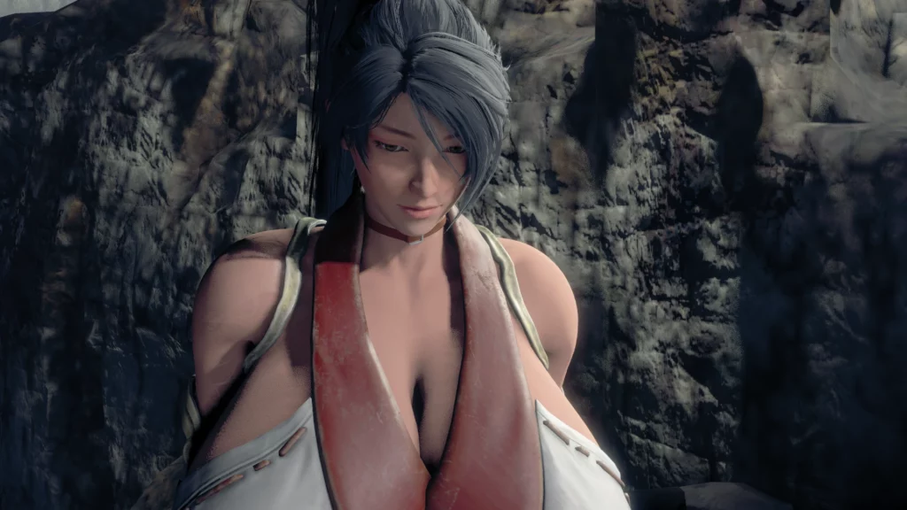 A close-up of Momiji from the Ninja Gaiden 2 Black Momiji (Dragon Shrine Maiden) mod in Resident Evil 4 (2023). Her detailed facial expressions and traditional shrine maiden attire are brought to life with stunning graphics.