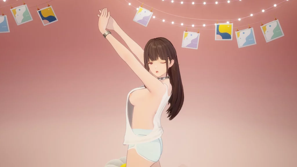 Yao strikes a graceful pose under softly lit string lights, showcasing the mod's attention to detail and smooth animations. The playful decor and minimalist background emphasize her sleek character design, enhancing the immersive experience in Snowbreak: Containment Zone.