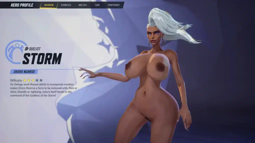 A close-up look at Storm's character profile in Marvel Rivals, featuring the Nude Storm Mod. Her Omega-level mutant status and abilities are highlighted, displaying her raw power in this daring retexture.