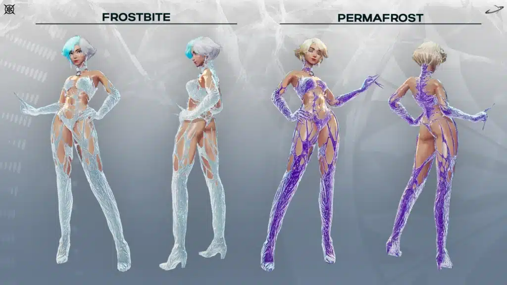 A side-by-side comparison of the Frostbite and Permafrost skins for Luna Snow in Marvel Rivals. The icy-blue Frostbite contrasts beautifully with the vibrant purple Permafrost variant, adding fresh customization to the game.