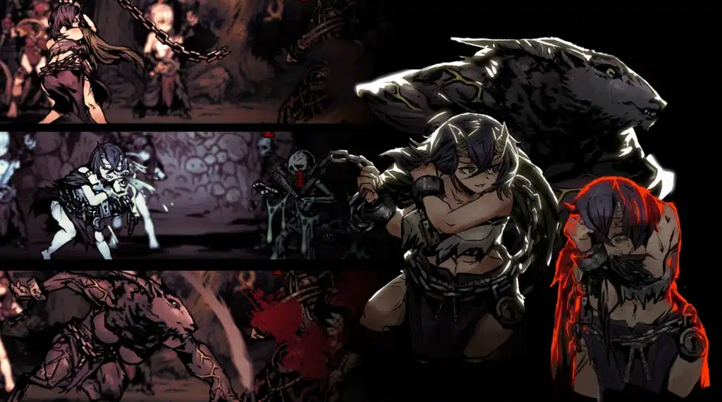 Hazu character art displaying various forms and action scenes from Darkest Dungeon.
Description: Explore Hazu's journey through Darkest Dungeon with this dynamic image set. Featuring her transformation sequences, battle scenes, and iconic demon companion, the artwork captures the essence of the NSFW skin mod.