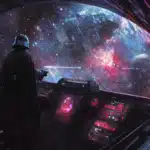 Darth Vader standing on the bridge of his Star Destroyer, gazing out into the vastness of space with stars and cosmic nebulae stretching across the view.
