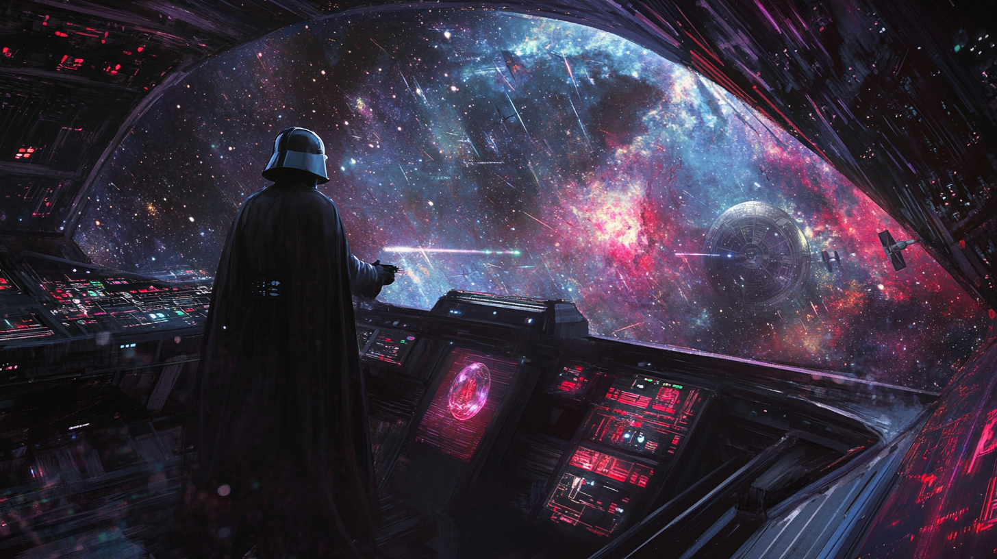 Darth Vader standing on the bridge of his Star Destroyer, gazing out into the vastness of space with stars and cosmic nebulae stretching across the view.