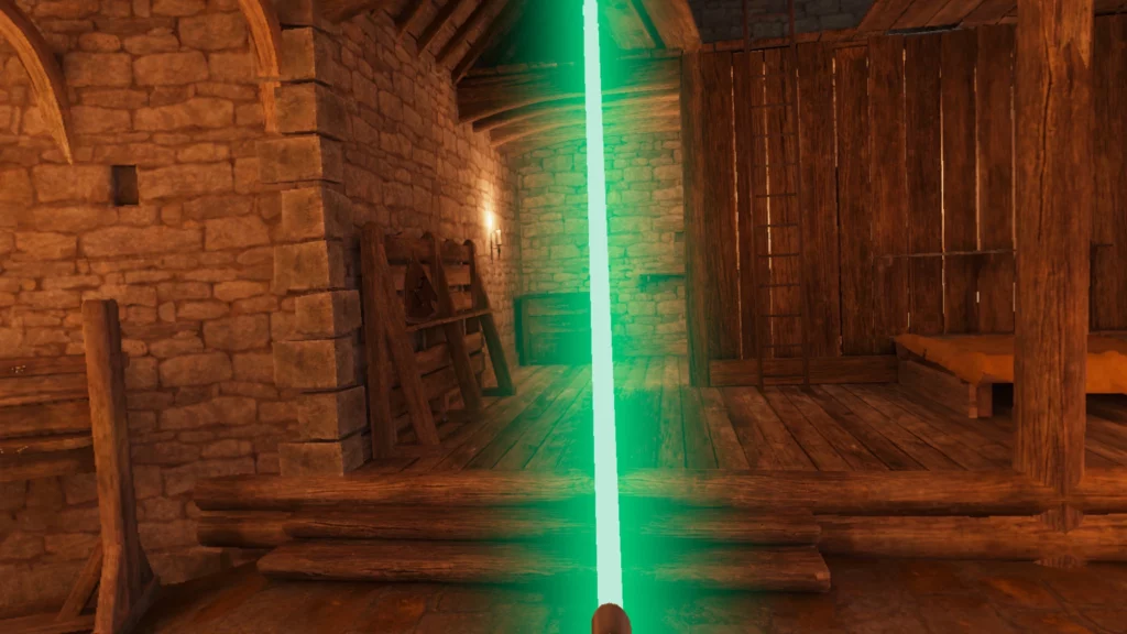 A bright green lightsaber ignites in the wooden halls of a medieval stronghold, captured in Blade & Sorcery: Nomad - The Old Republic Crystal Expansion. The luminous green glow highlights the craftsmanship of the mod, reminiscent of Jedi Guardians of the Old Republic.