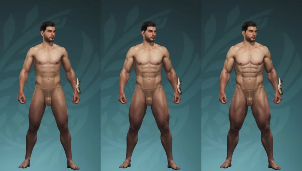 A detailed look at the See-through Underwear For Male Hunter (NSFW) mod from various angles in Monster Hunter Wilds. The transparent fabric is rendered with high-quality textures, blending seamlessly with the hunter's body for a bold and stylish appearance during hunts.
