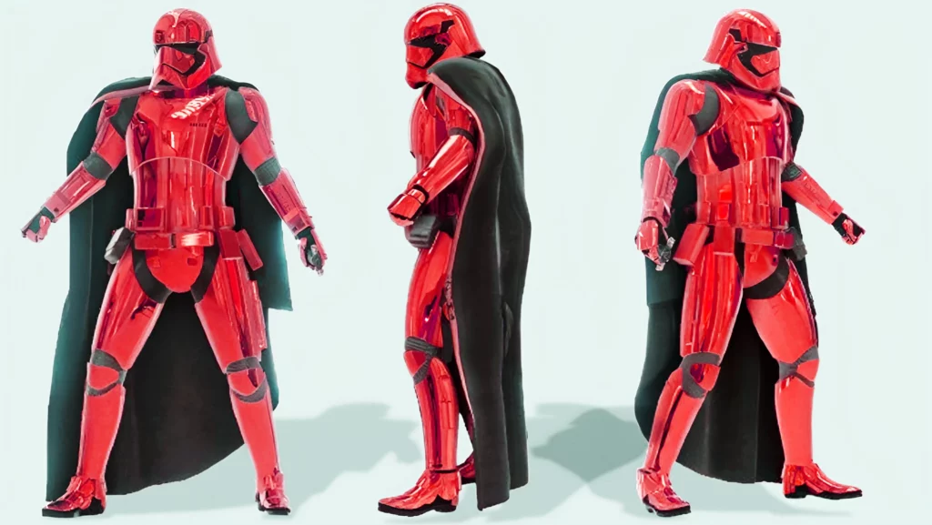 A side-by-side view of Captain Cardinal's armor in Star Wars Battlefront II (2017). This custom mod showcases his iconic crimson plating, black cape, and First Order helmet, bringing the character from Phasma to life with stunning detail.