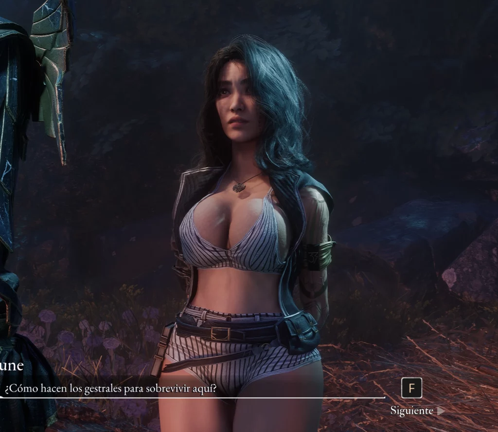 In the midst of a lush, mysterious forest, Lune dons her Expedition Curvy Outfit, blending style with adventure. The enhanced textures and bold outfit design reflect the mod's dedication to immersive gameplay. Her confident stance amidst the foliage gives the sense of a true space adventurer.