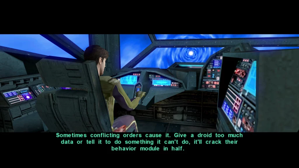 Atton Rand discussing the complexities of droid behavior and astronavigation during a restored conversation in Knights of the Old Republic II. This cut-content mod reintroduces hidden lore that expands the game's narrative.
