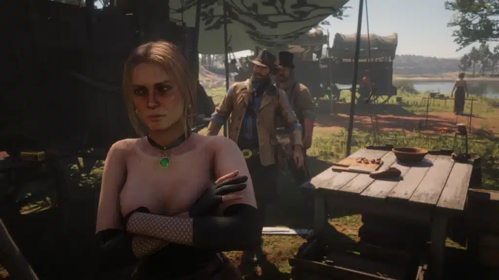 Close-up of Sadie Adler’s modded outfit in Red Dead Redemption 2, blending confident body language with fashionable frontier flair.