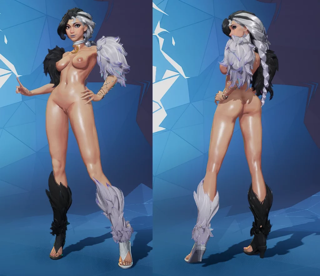 A dual-angle character render of Luna Snow in her semi-nude NSFW skin mod, highlighting custom textures, shading, and detailed feathered accessories in Marvel Rivals.