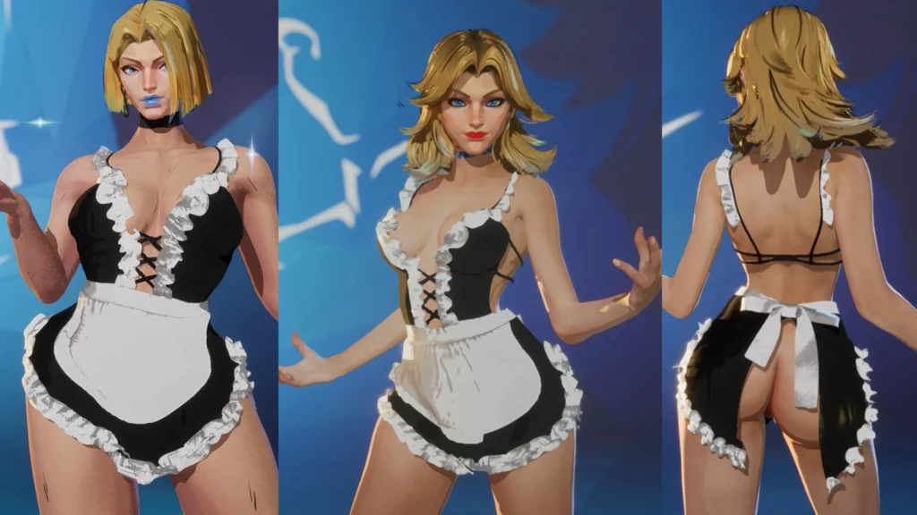 A comprehensive visual of Luna Snow's transformation in the Maid Snowbunny mod for Marvel Rivals, highlighting the frilly apron, fitted top, and back ribbon details in a side-by-side view.
