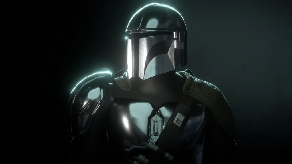 Din Djarin wearing full Mandalorian helmet and armor in Battlefront II mod