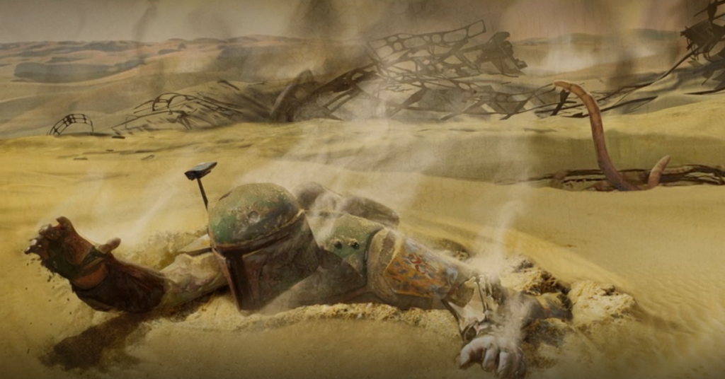 Boba Fett escaping the Sarlacc Pit in the Tatooine desert