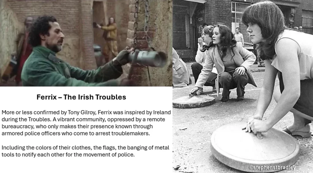 The funeral-to-riot sequence mirrors real events from the Troubles in Northern Ireland, notably the 1988 corporals' killings in Belfast.