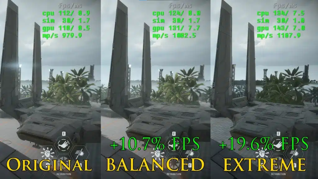 FPS overlay comparison showing a performance boost up to +19.6% in the Extreme version of the SWBF2 FPS Booster mod on a tropical map environment with noticeable gains in GPU and CPU output.