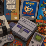 Retro gaming setup collage featuring an NES console, SNES console, Game Boy handheld, Sega Genesis, and classic game cartridges on a wooden table.