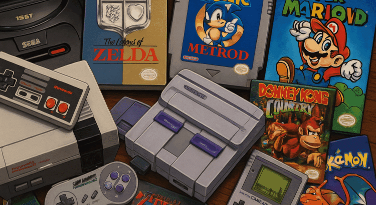 Retro gaming setup collage featuring an NES console, SNES console, Game Boy handheld, Sega Genesis, and classic game cartridges on a wooden table.