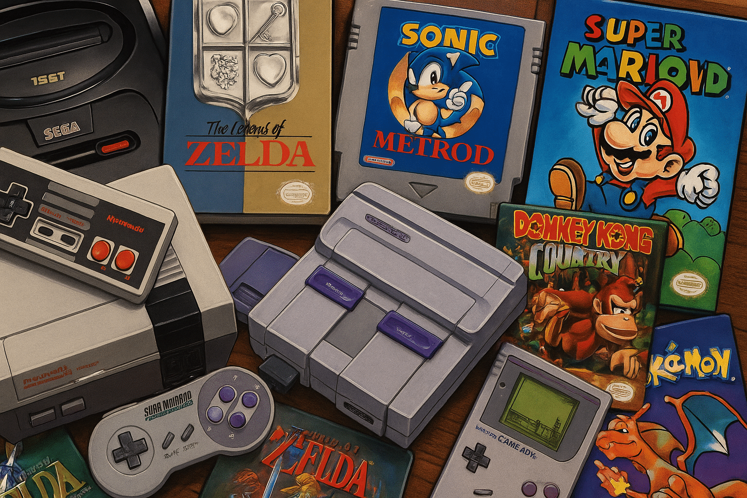 Retro gaming setup collage featuring an NES console, SNES console, Game Boy handheld, Sega Genesis, and classic game cartridges on a wooden table.
