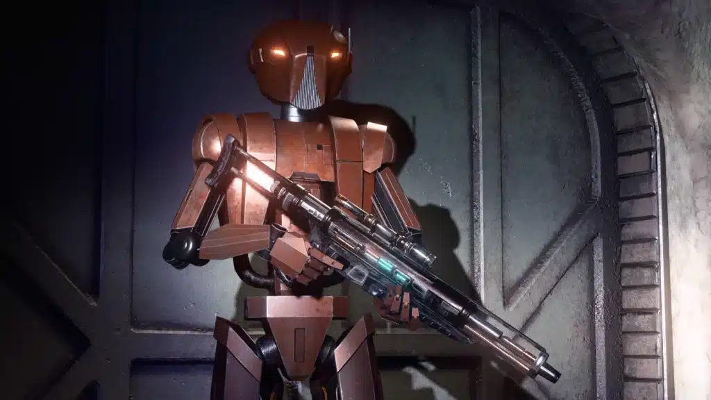 HK-47 droid holding a futuristic blaster in a dark corridor