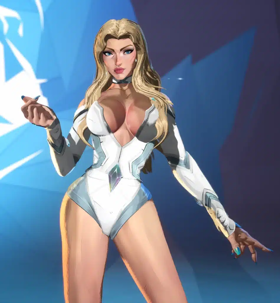 Emma Frost in front-facing pose with long hair in white outfit