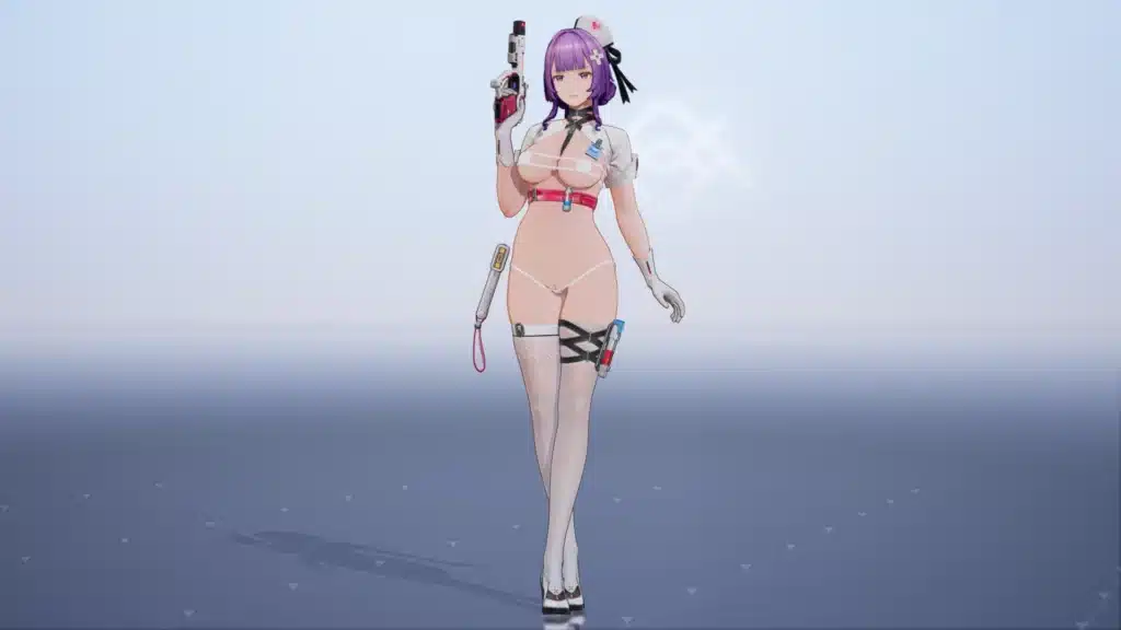 Full-body standing pose of Enya in minimal nurse gear