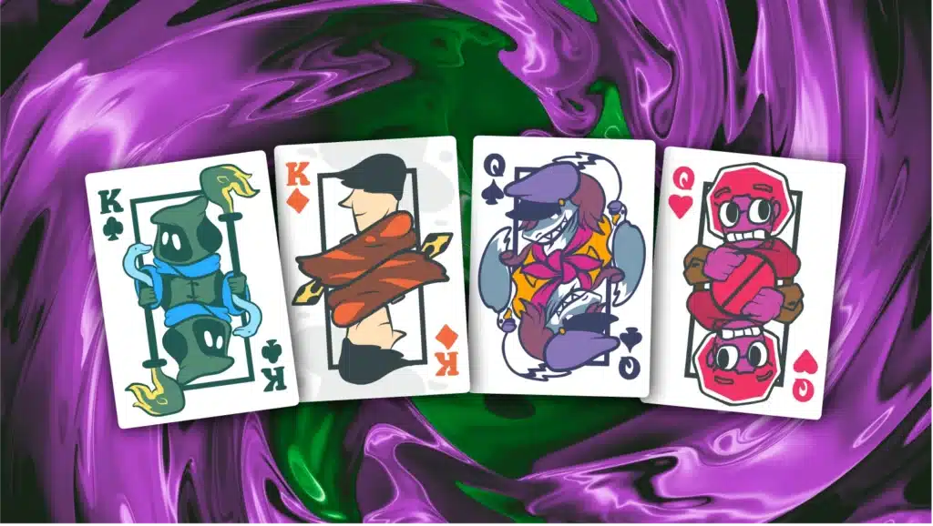 Fantasy-themed Balatro face cards from GodGame TTRPG mod displayed over a green and purple vortex background.
