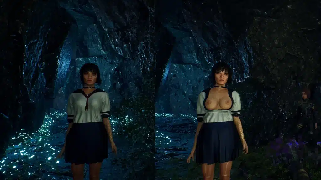 NSFW nude mod version of Japanese school uniform for Lune in a dark cave