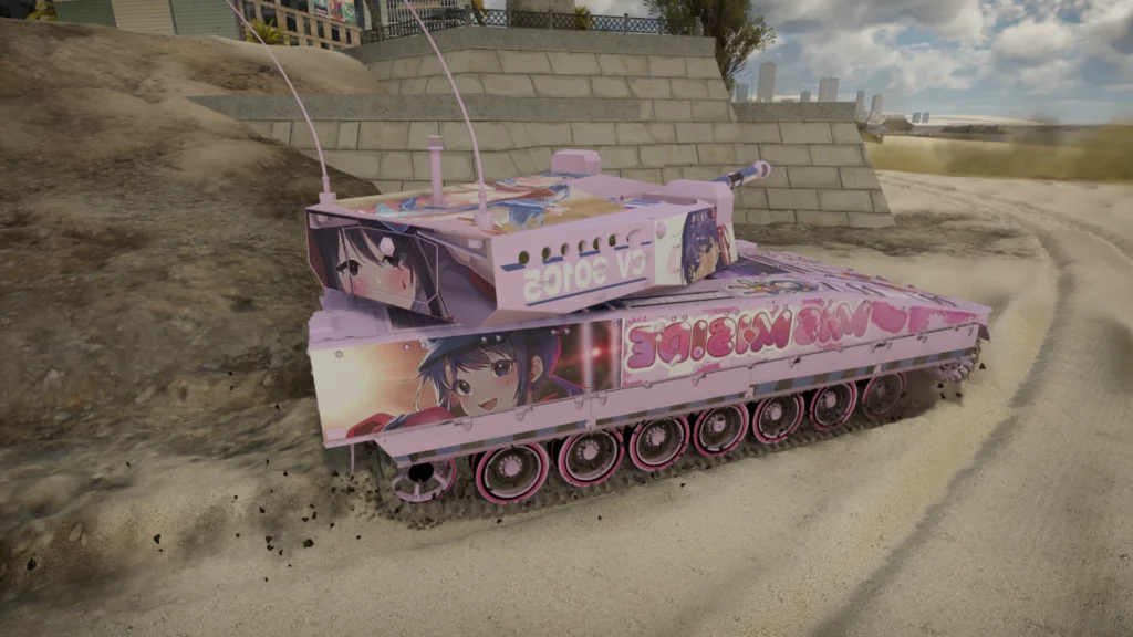 A close-up of the rear side of the CV 90105 tank in War Thunder, decorated with Miside-Mita's iconic anime-themed artwork. The pink camo and intricate designs make this tank a standout on any battlefield.