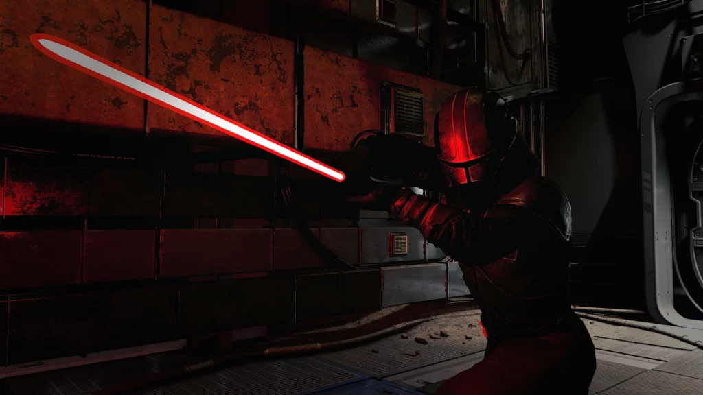 Starkiller ignites his crimson lightsaber within the dark corridors of a Starfield space station. The red glow reflects off the metallic walls, emphasizing the fearsome presence of Darth Vader's apprentice.