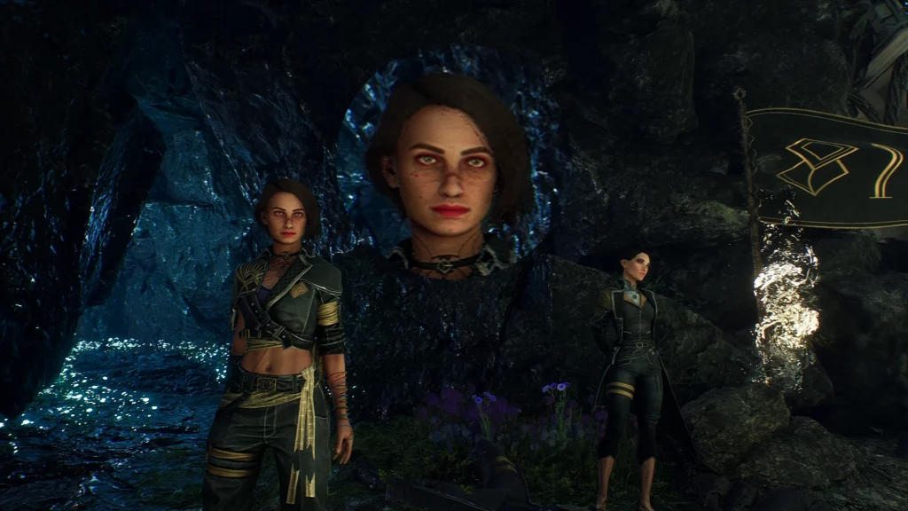 Sciel stands confidently amidst the mystical vines and eerie stone sculptures of Clair Obscur: Expedition 33. Her bold makeup look, added by the Sexy Makeup Mod, gives her a powerful and striking presence that fits seamlessly into the game's dark fantasy setting.