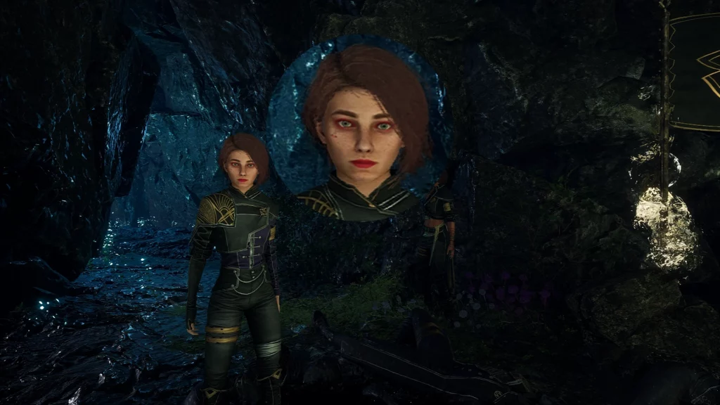 A close-up of Maelle's makeup customization in Clair Obscur: Expedition 33. The detailed textures highlight her defined eyes and bold lips, enhancing her presence during exploration scenes.