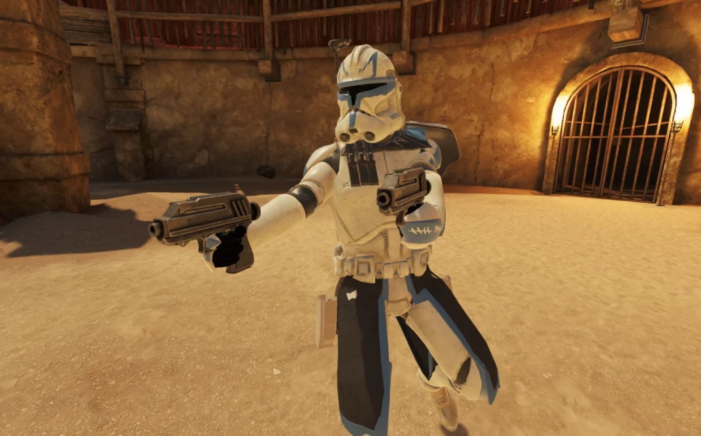 Clone Trooper Rex dual-wielding blaster pistols in a gladiator arena setting in Blade & Sorcery: Nomad – Star Wars Armor and Waves Mega-Pack. His armor is meticulously designed to reflect his Clone Wars appearance.