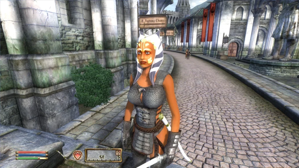 Ahsoka Tano walking through the streets of the Imperial City in Oblivion Remastered. Her Togruta headpiece and Star Wars-themed armor blend seamlessly into the fantasy setting, demonstrating the mod's attention to detail.