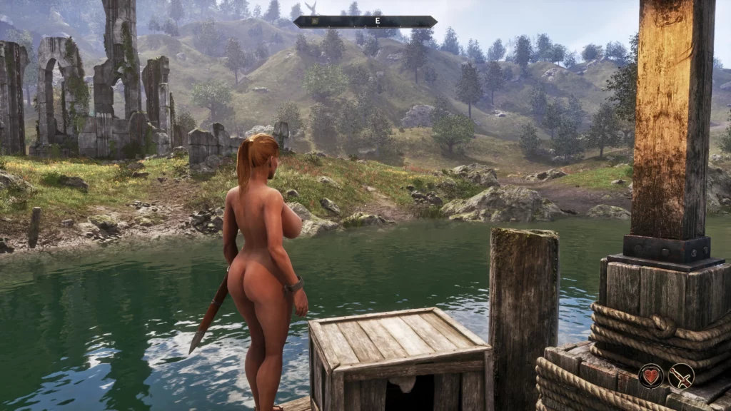 The Baywatch Babe character from Oblivion Remastered takes in the picturesque view of a medieval lake, with ruins in the distance. This backshot emphasizes the mod's realistic body physics and environment blending.