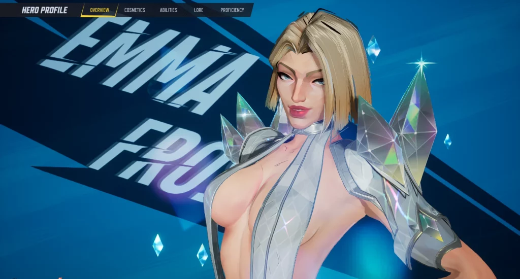 Dynamic view of Emma Frost's White Queen outfit in Marvel Rivals. The mod highlights her Vanguard role with glimmering crystal textures and sharp elegance.