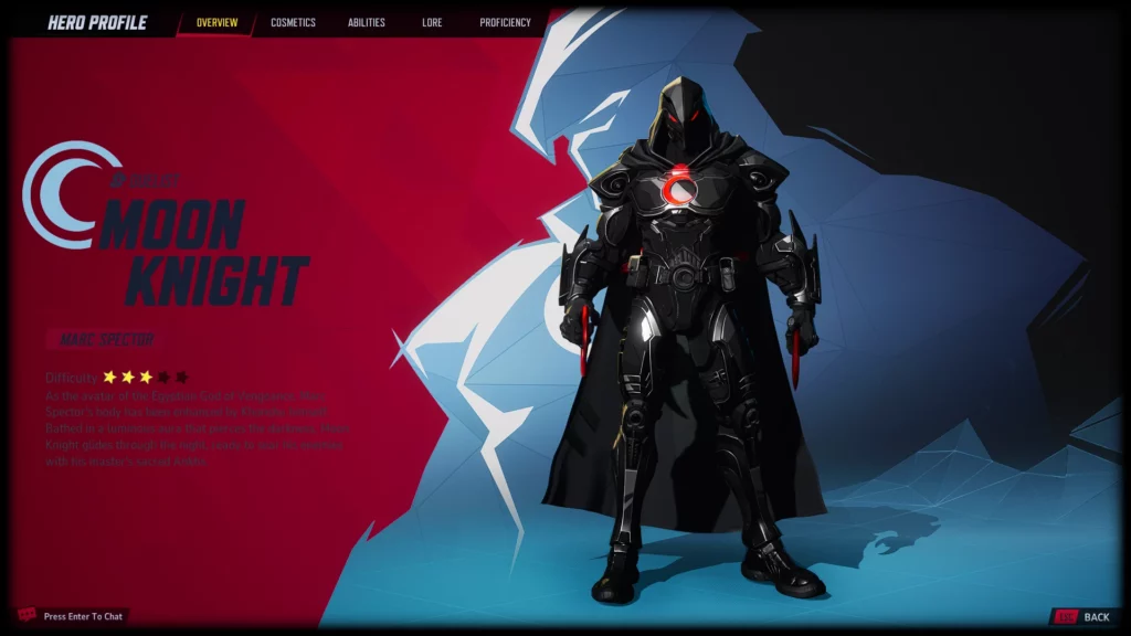  Moonknight Ghost's in-game hero profile, displaying his abilities, lore, and armor design. His spectral form is fully showcased, emphasizing the dark, shadowy elements of the Marvel Rivals mod.
