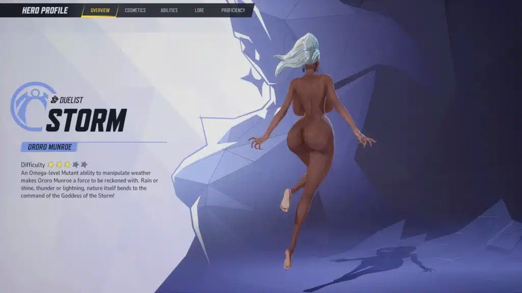 The Nude Storm mod in full display from behind, showcasing Storm's powerful stance and elemental mastery. The intricate retexturing adds realism and flair to her character design.