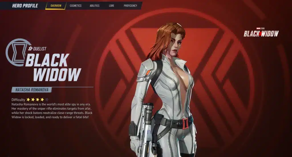 This close-up shot highlights the intricate detailing of the Skimpy Black Widow White Suit Mod. High-resolution textures capture the modern aesthetic, enhancing her presence in Marvel Rivals.