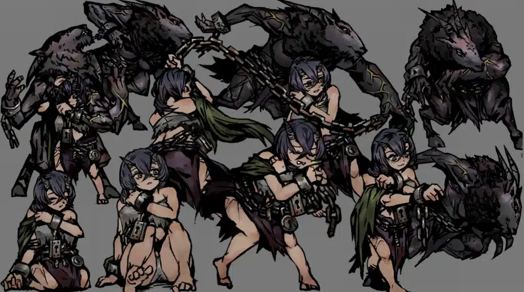 Multiple forms of Hazu and her demon companion from Darkest Dungeon.
Description: This image highlights the various stages of Hazu's transformation in Darkest Dungeon, displaying her shifts between human and beastly forms, all enhanced with intricate art details and immersive design.