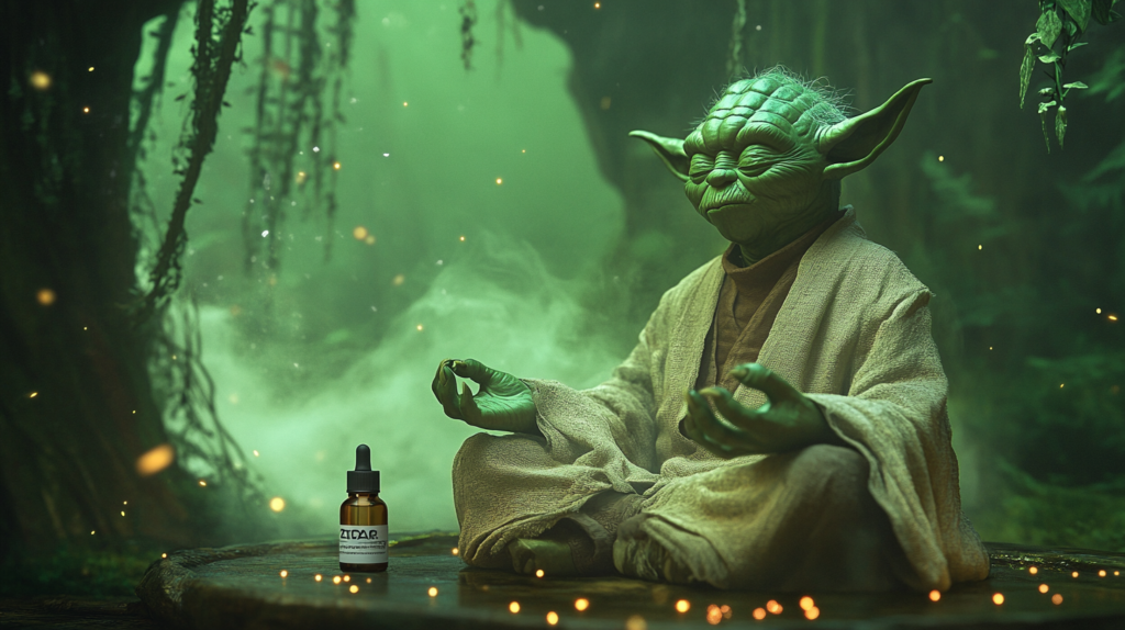 Yoda practicing Jedi mindfulness on a wooden platform surrounded by misty swamps and ancient trees. A bottle of CBD oil labeled "Zidar" sits beside him, enhancing the atmosphere of calm and introspection. This scene captures the essence of Jedi meditation boosted with natural wellness aids.